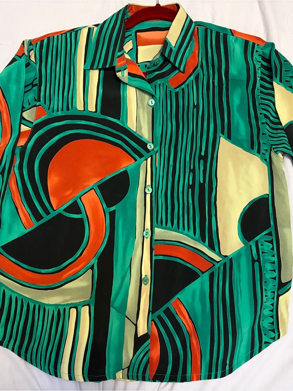 Women’s Abstract Geometric Button-Down Shirt in Green and Orange